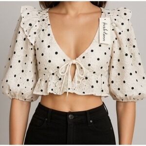 For Love‎ & Lemons Size Medium Lace Polka Dot Crop Top Ruffle Tie Front Blouse